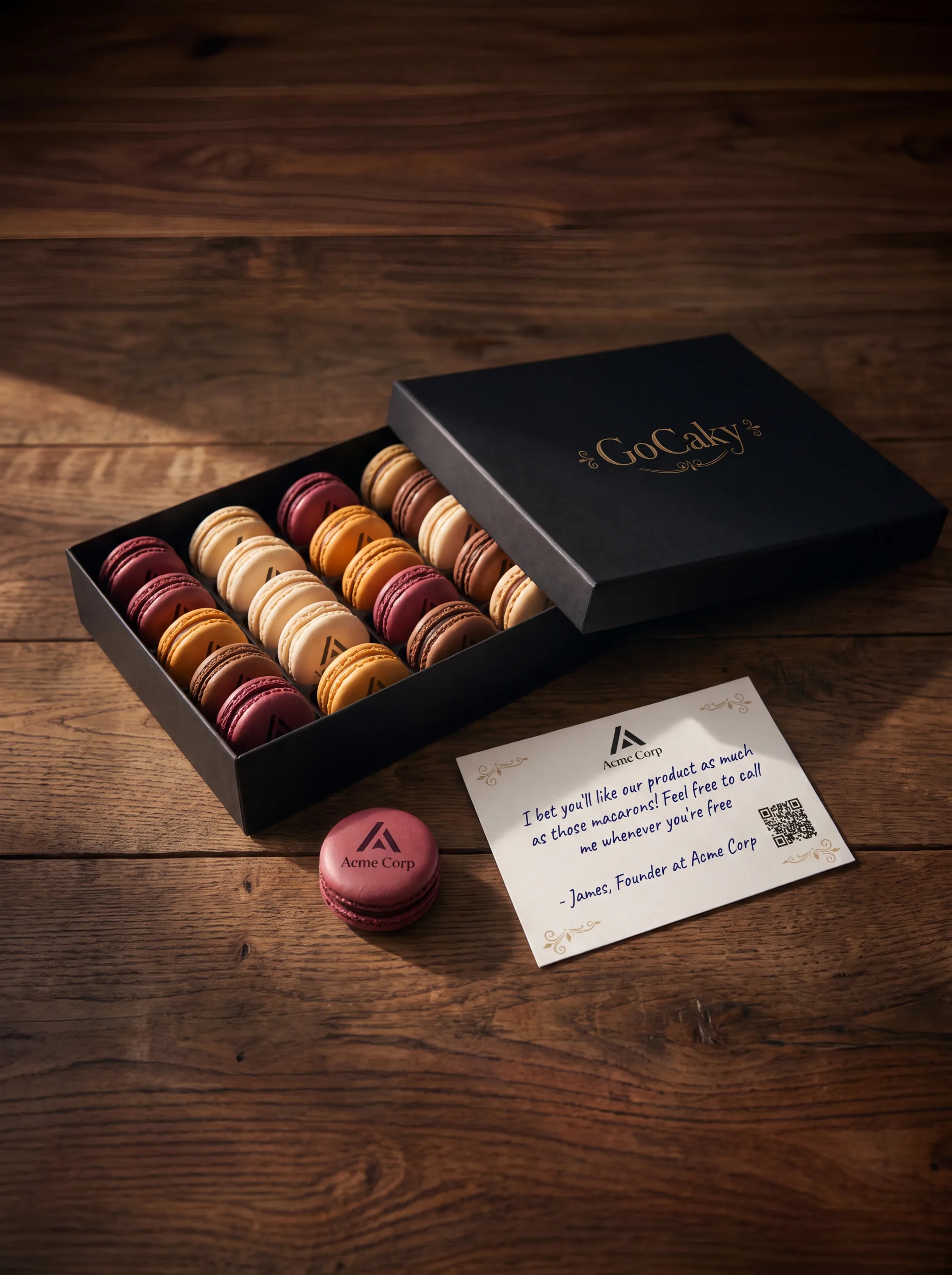 Open gift box of logo-printed macarons with a handwritten card, warm natural light