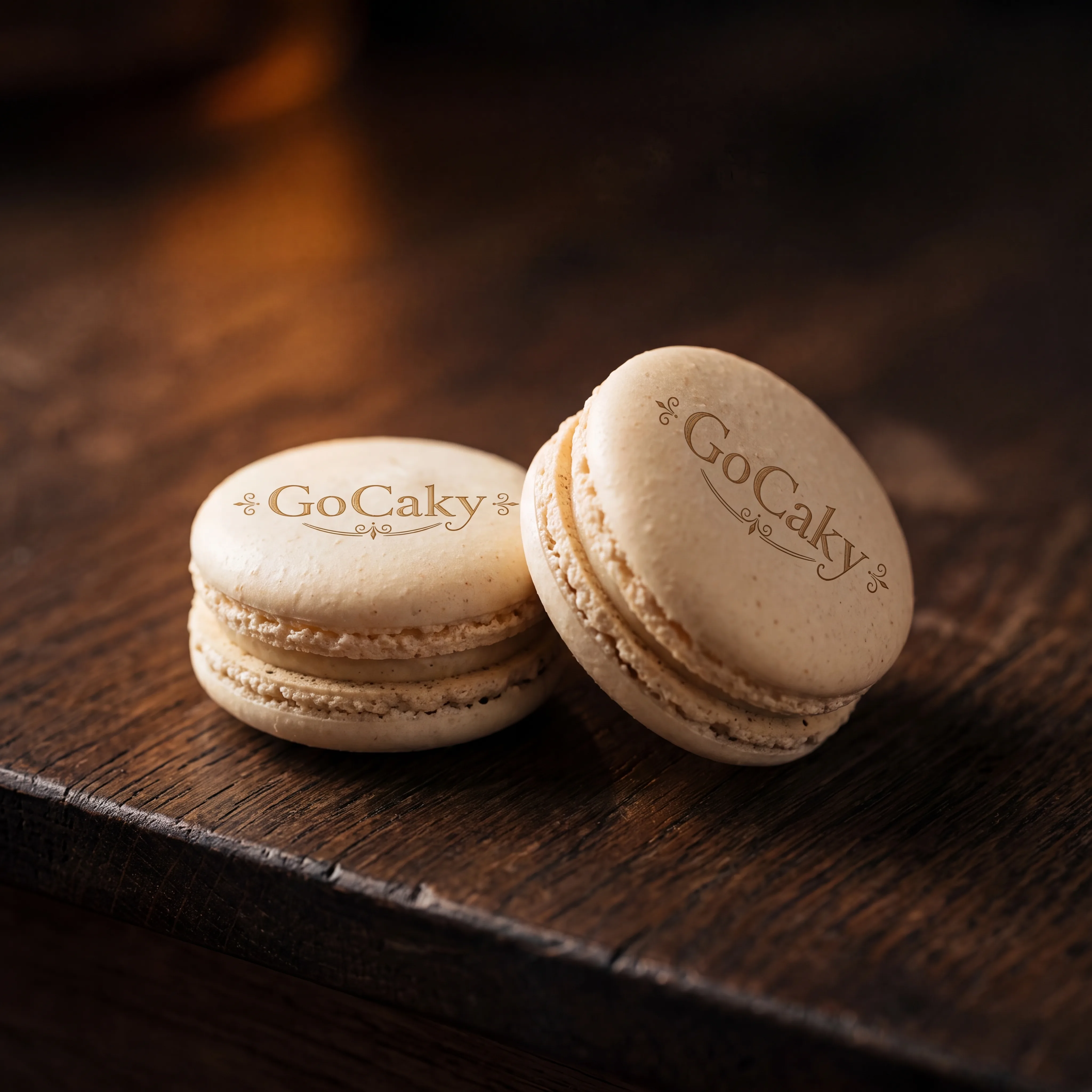 Close-up of a single macaron with a crisp logo printed on the shell