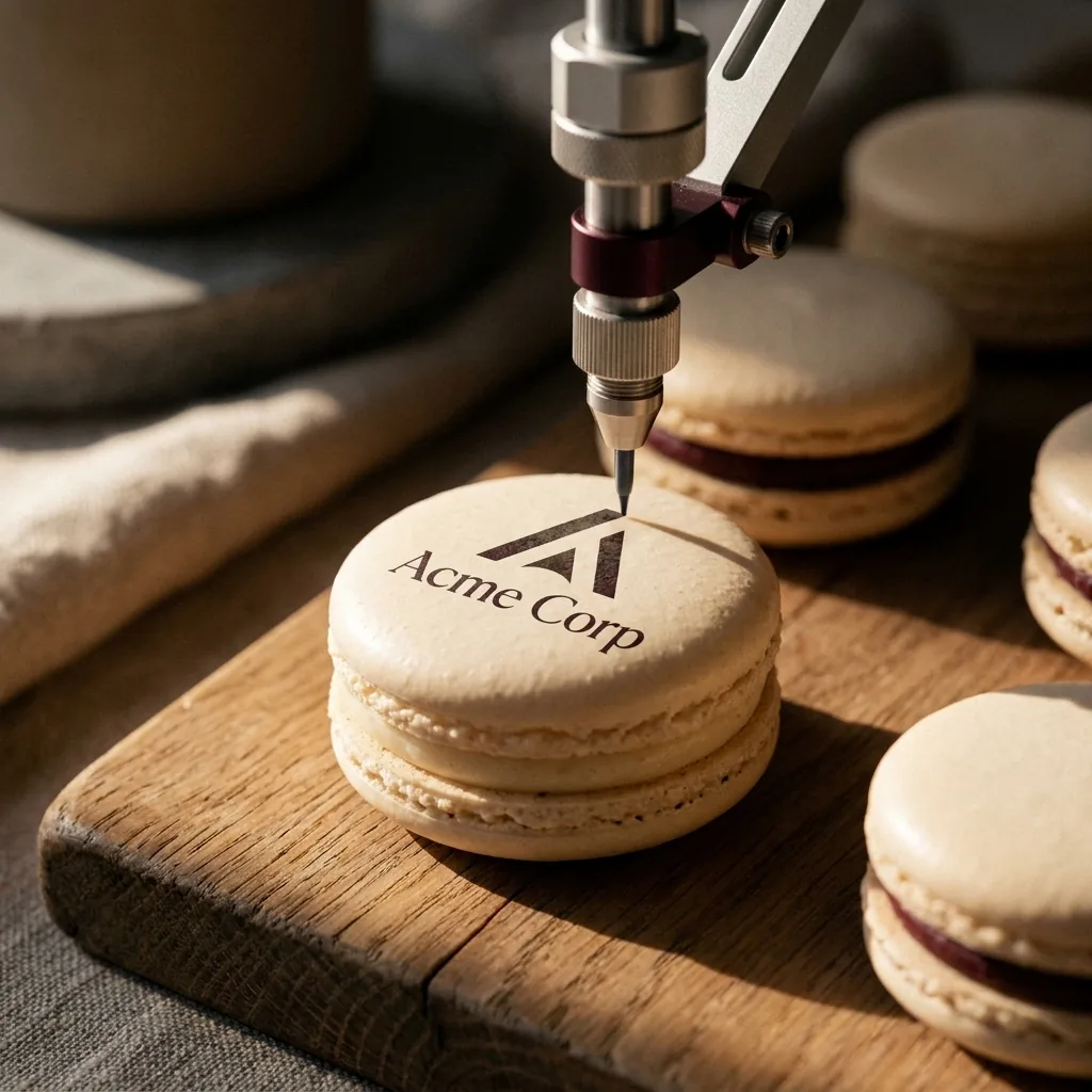 Macro shot of a logo being pressed onto a macaron shell, crisp detail