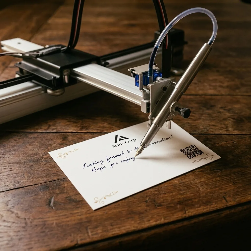 Robot arm holding a real pen, writing on a card in close-up
