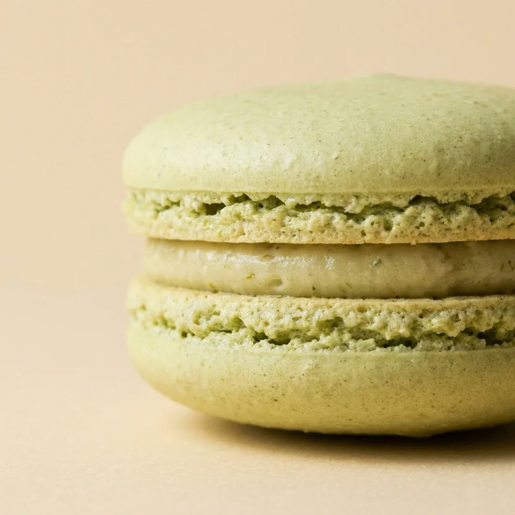 Overhead shot of an open macaron gift box on a marble desk, natural light
